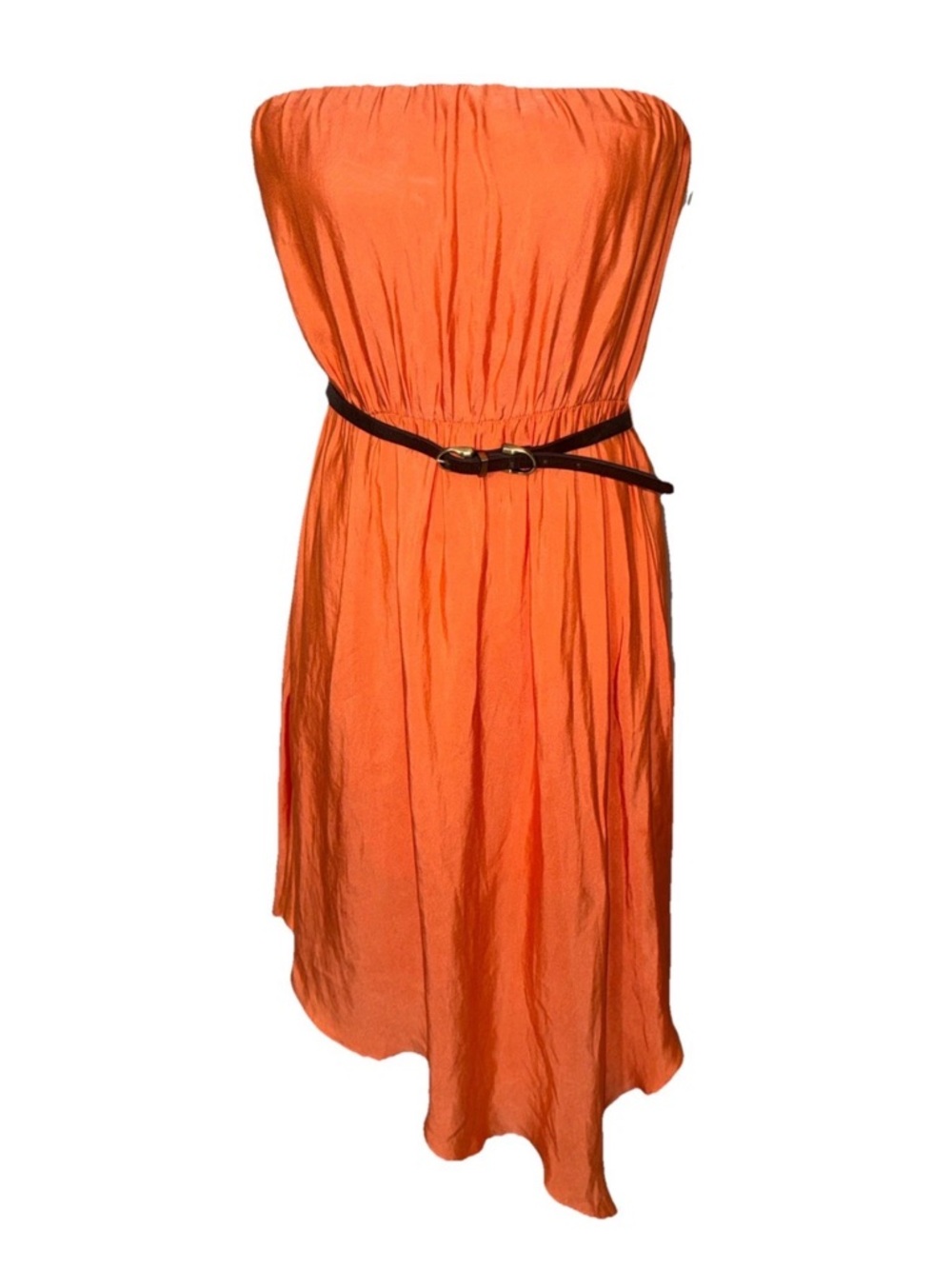 Boho Western Orange Coral Strapless Dress With Belt And Handkerchief Hem Medium